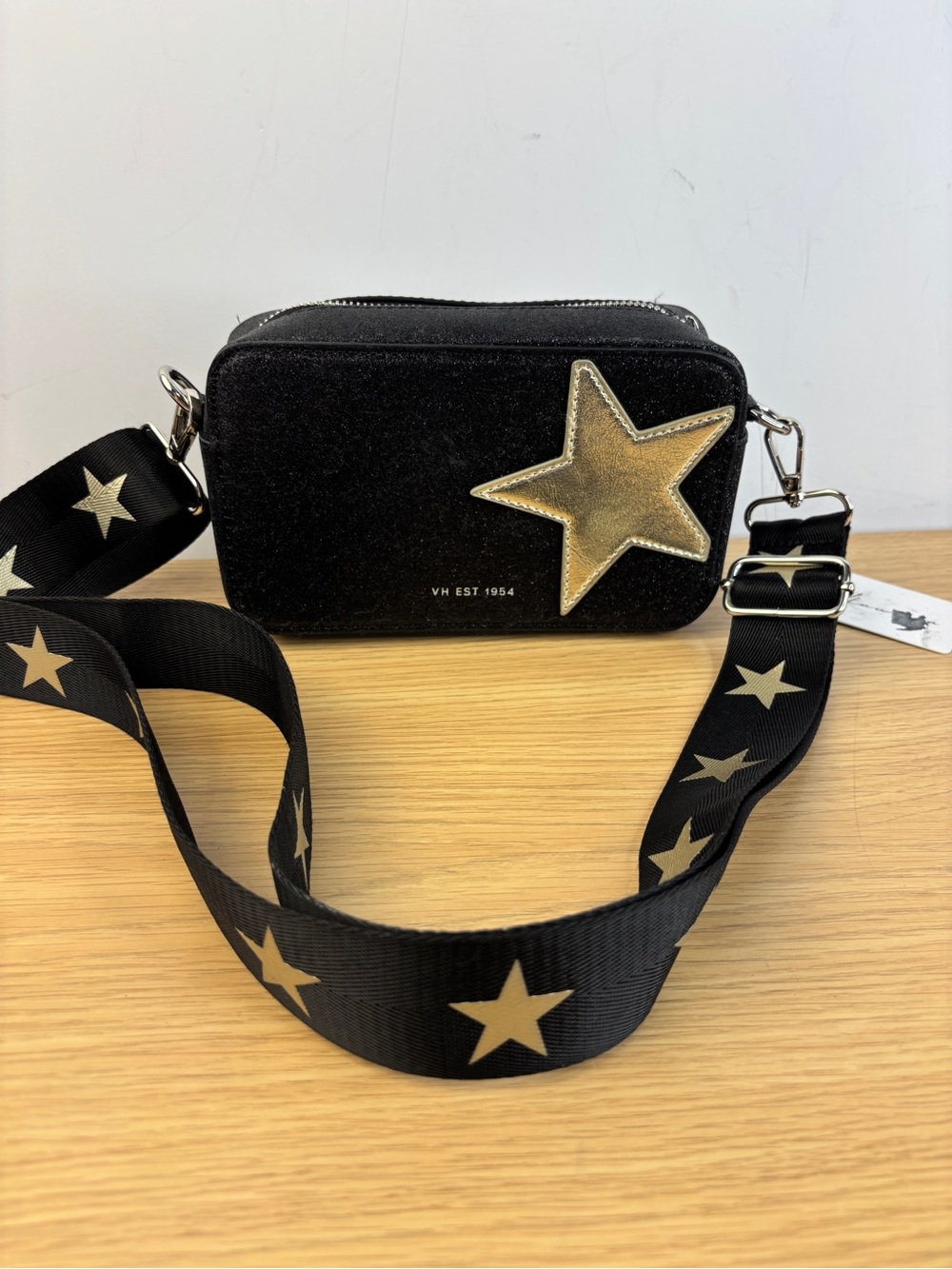“Vintage Havana” Mini Meme Black Glittery Star Strap Crossbody (Extra Strap)